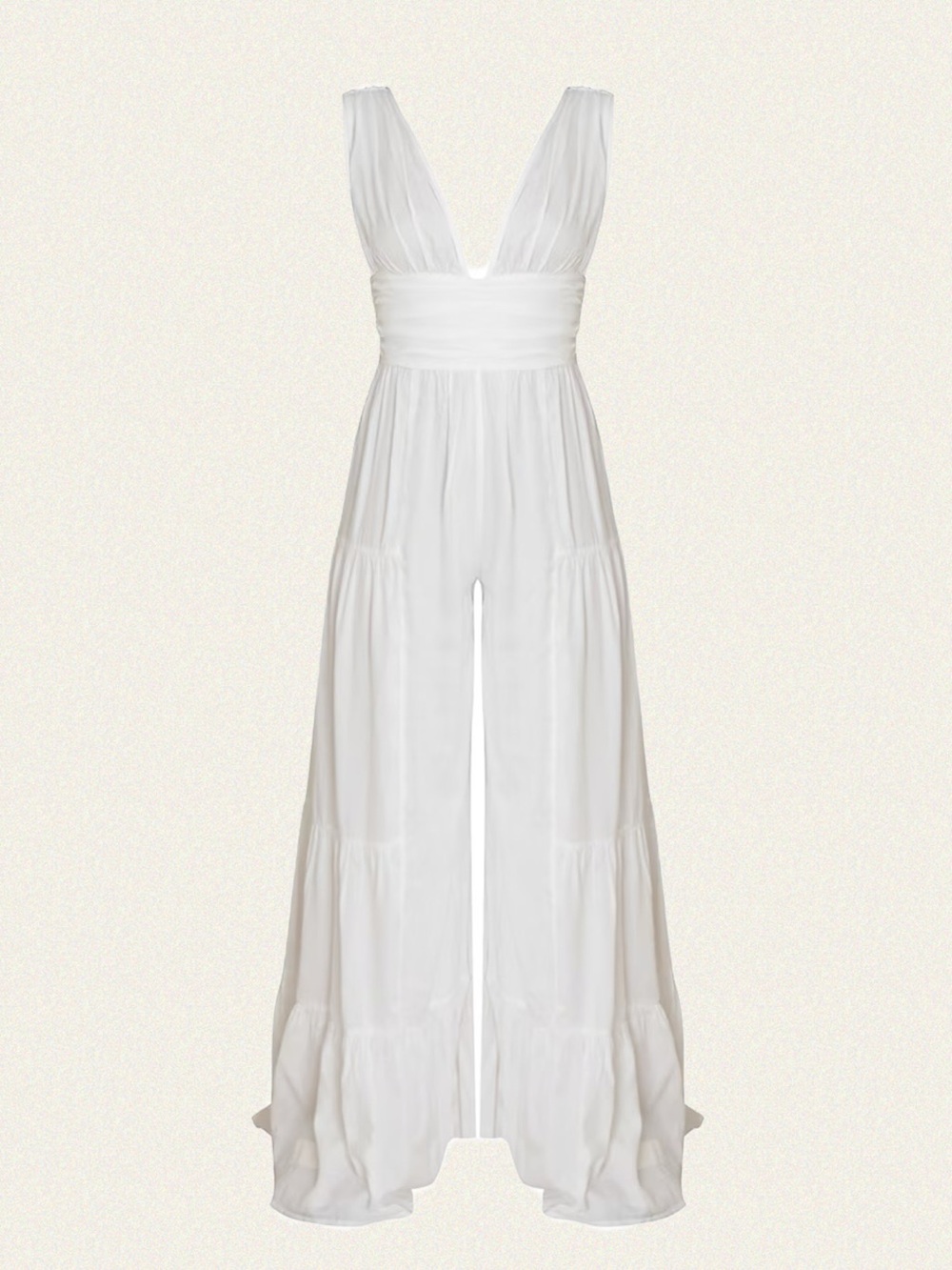 PrettyLittleThing Linen Look Plunge Tiered Wide-Leg Jumpsuit